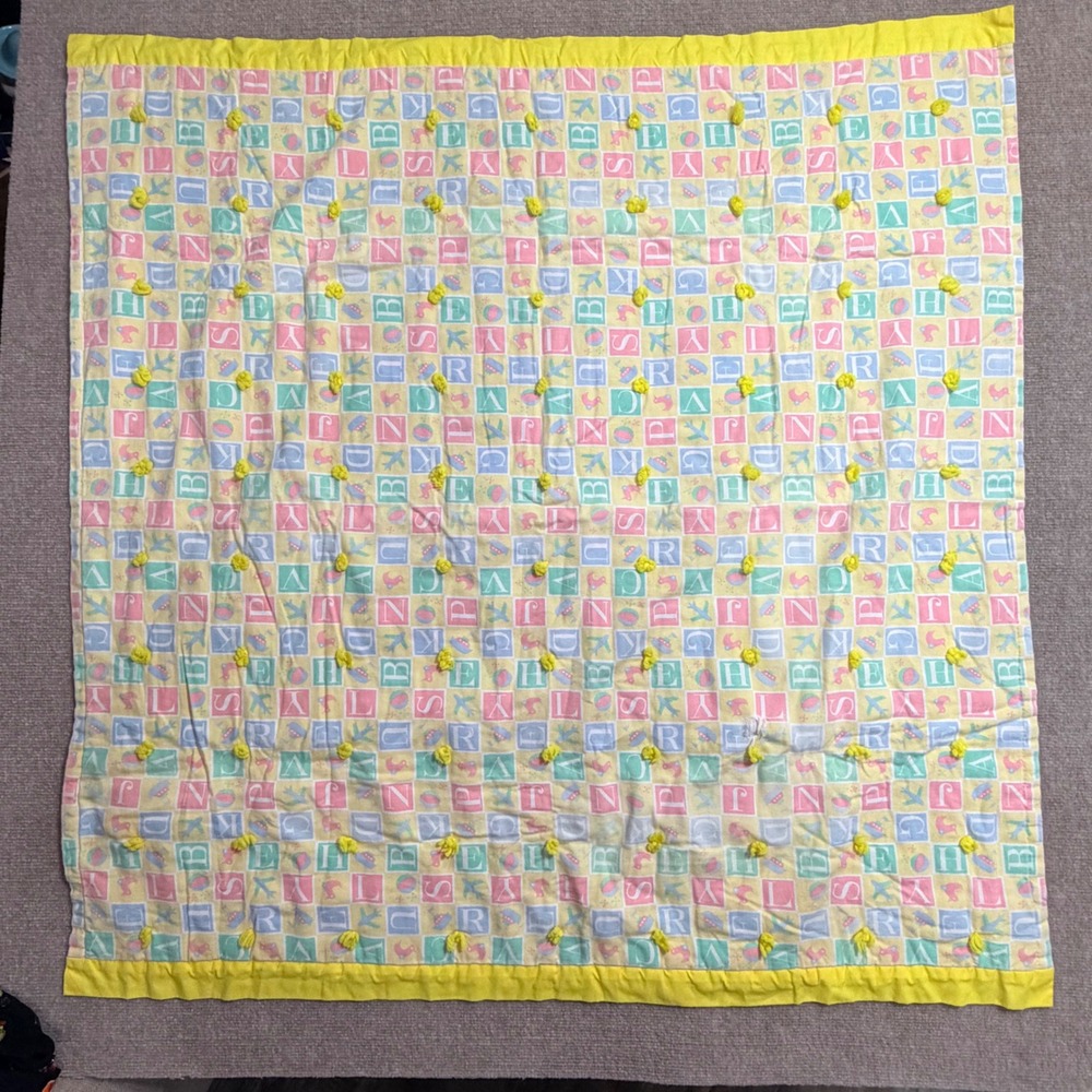 Vintage Handmade Baby Quilt Alphabet Block Pastel Plaid Yellow Ruffle Trim 45x45